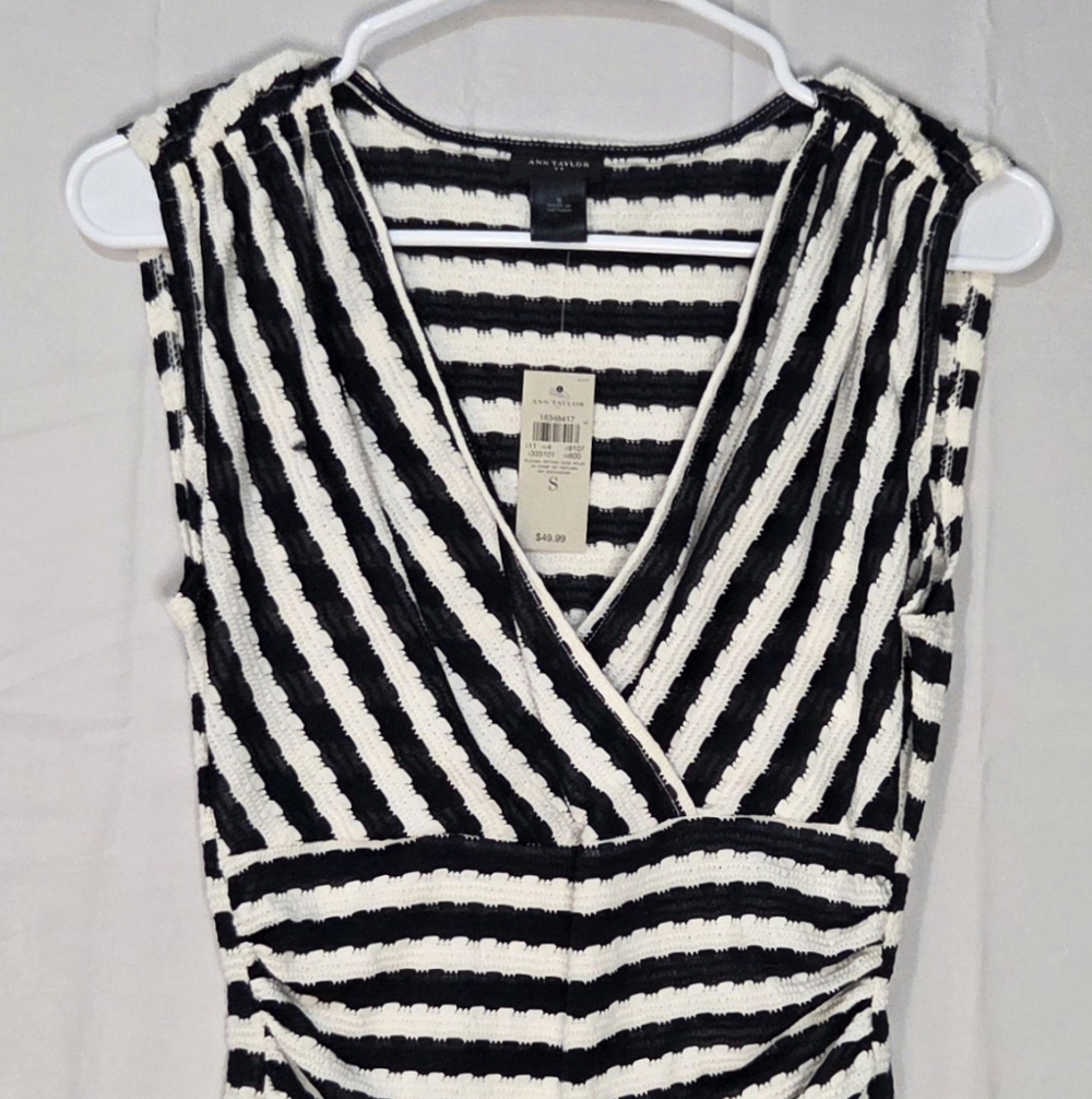 Ann Taylor Black White Striped Textured Wrap Top Small Chic Stretch Blouse - Picture 4 of 6